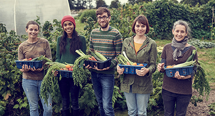 image of a group of people gathering food for charity